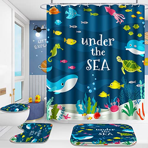 Poedist 4 Pcs Bathroom Shower Curtain Sets,Kid's Shower Curtain Sets with Rugs(Bath Mat,U Shape and Toilet Lid Cover Mat) and 12 Hooks,Under The Sea - Image 1