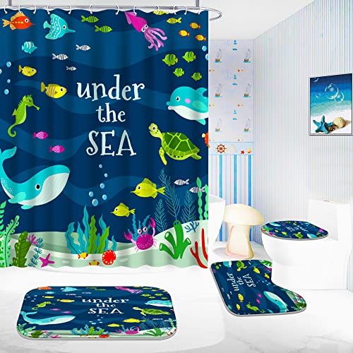 Poedist 4 Pcs Bathroom Shower Curtain Sets,Kid's Shower Curtain Sets with Rugs(Bath Mat,U Shape and Toilet Lid Cover Mat) and 12 Hooks,Under The Sea - Image 5