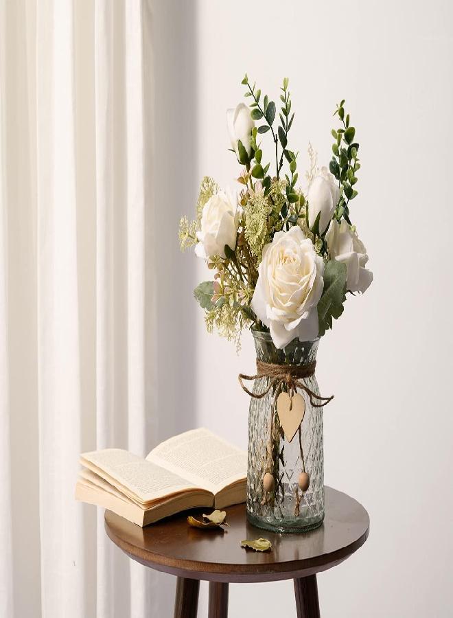 YJ YJ Fake Flowers with Vase, Silk Roses Artificial Flowers in Vase, Faux Flower Arrangement with Vase Suitable for Home Office Decoration, Dining Table Centerpiece(White) - Image 2
