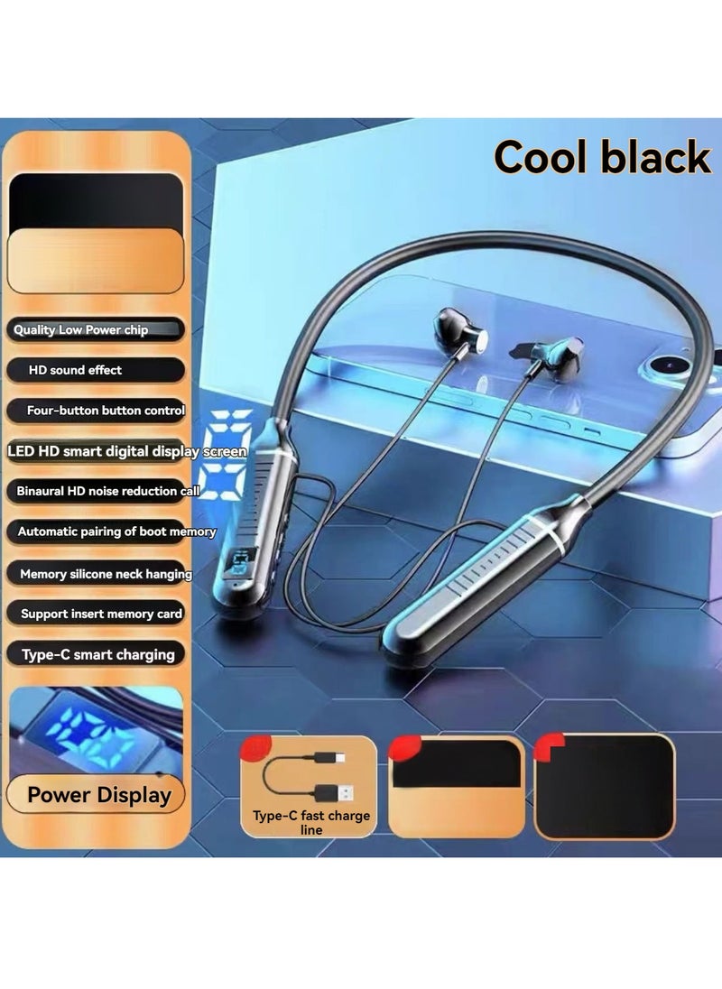 Generic Digital display neck-worn wireless Bluetooth sports headset, noise-cancelling hanging neck gaming earphone (cool black)  - Image 1