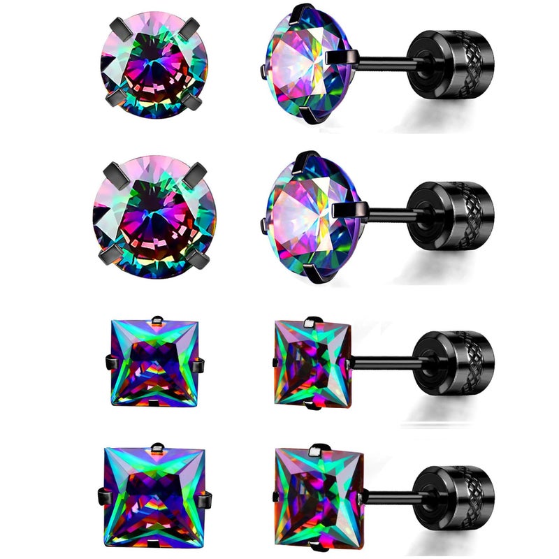 VOLUKA Titanium Earrings for Sensitive Ears, 4 Pairs Screw Back Hypoallergenic Surgical Grade Titanium Cubic Zirconia Stud Earrings for Women Men - Black - Image 1