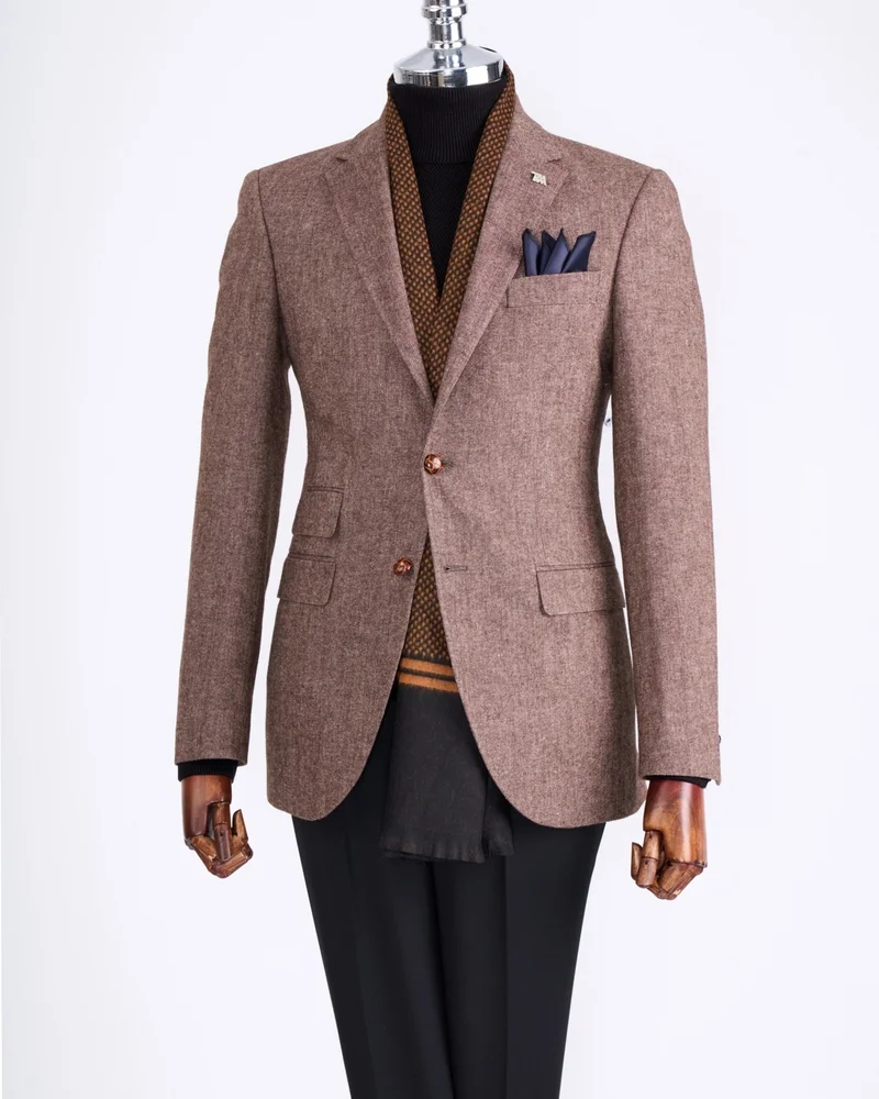 ترزي ادم التون Italian Style Slim Fit Mono Collar Men's Single Jacket Brown T13347