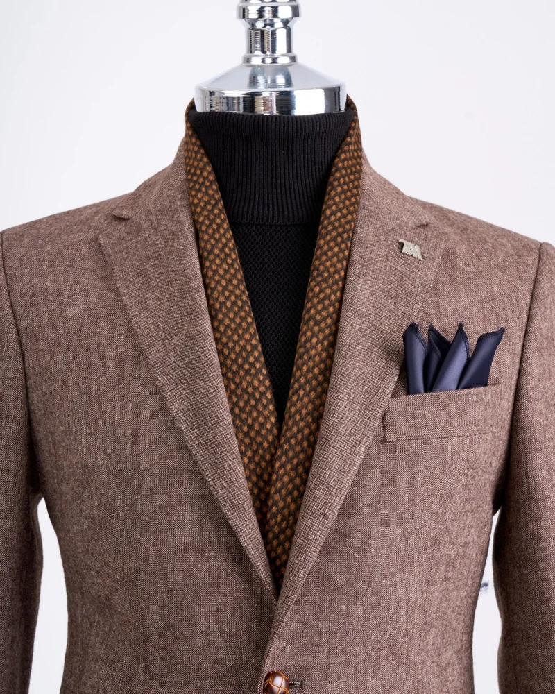 ترزي ادم التون Italian Style Slim Fit Mono Collar Men's Single Jacket Brown T13347