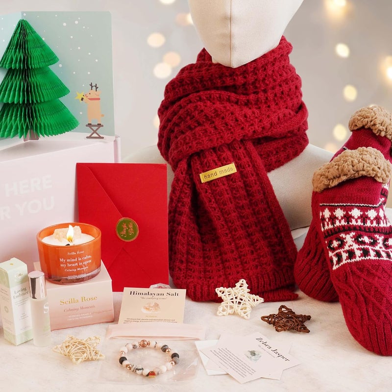 Christmas Gift Bundle for Women Red Knitted Scarf Crystal Candle Bracelet Cozy Cabin Socks Rollerball Oil Luxury SelfCare Pamper Present for Mum Friend or Secret Santa Red