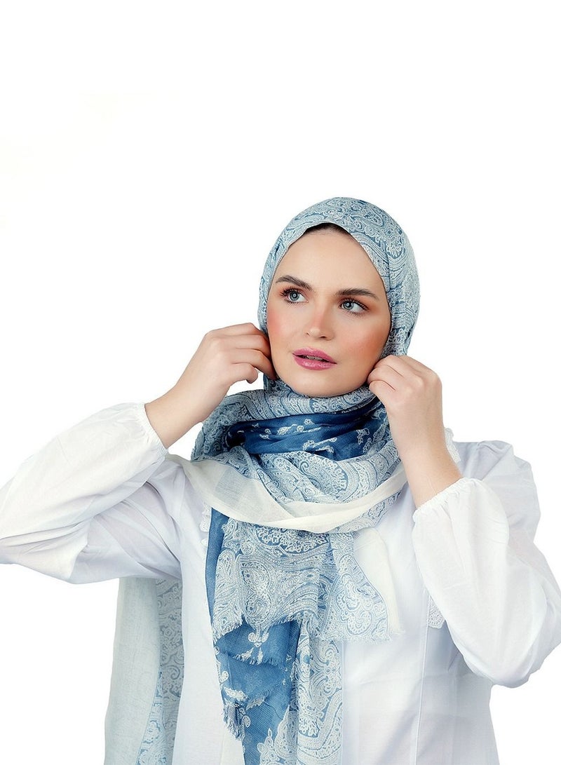 AMICA Paisely Print Hijab Soft Natural Fiber Head Scarf for Women-Blue - Image 1