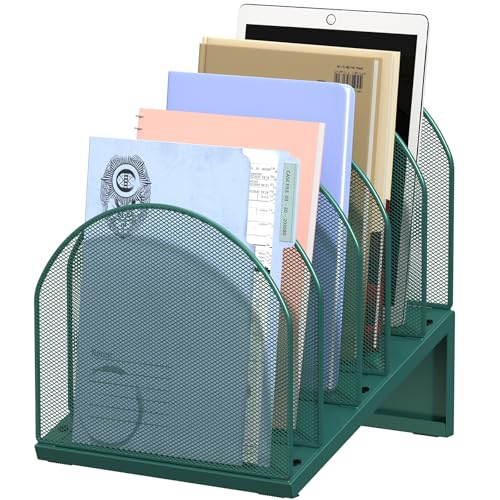 OUTIOE 5-Section Desk File Organizer, Metal Mesh Folder Organizer for Documents, Mail & Office Papers (Green) - Image 1