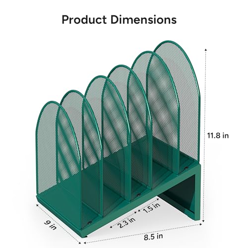OUTIOE 5-Section Desk File Organizer, Metal Mesh Folder Organizer for Documents, Mail & Office Papers (Green) - Image 4