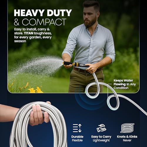 TITAN Garden Hose 15FT 304 Stainless Steel Metal Water Hose Flexible KinkFree Lightweight Durable Crush Resistant Fittings Easy to Coil 500 PSI - Image 3