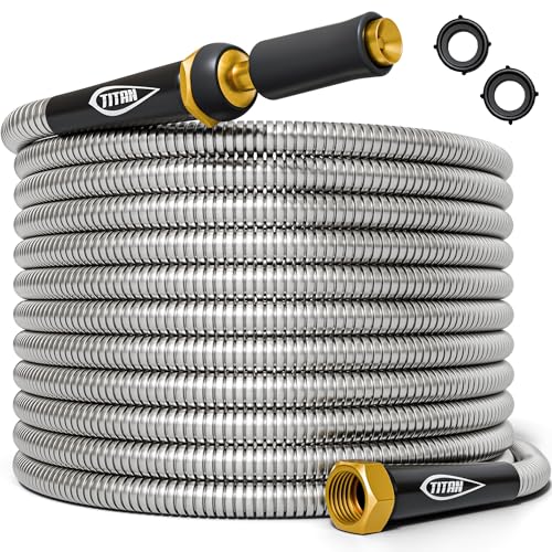 TITAN Garden Hose 15FT 304 Stainless Steel Metal Water Hose Flexible KinkFree Lightweight Durable Crush Resistant Fittings Easy to Coil 500 PSI - Image 1