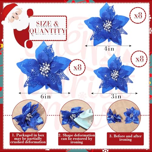 Boao 24 Pieces Christmas Artificial Glitter Poinsettia Flowers Xmas Flowers Wedding Christmas Tree New Year OrnamentsRoyal Blue - Image 3