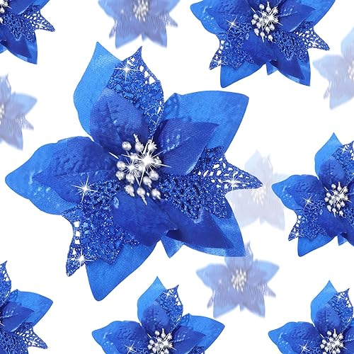 Boao 24 Pieces Christmas Artificial Glitter Poinsettia Flowers Xmas Flowers Wedding Christmas Tree New Year OrnamentsRoyal Blue - Image 1