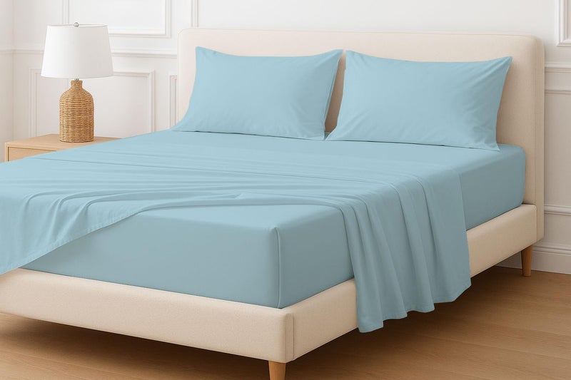 Cottingon Extra Deep Sheets-Cotton Bed Sheets - 100% Cotton - 22 Inch Extra deep Pocket Fitted Sheet with Elastic All Around (4 Pcs Sheet Set) - (Light Blue Solid - King Size) - Image 1