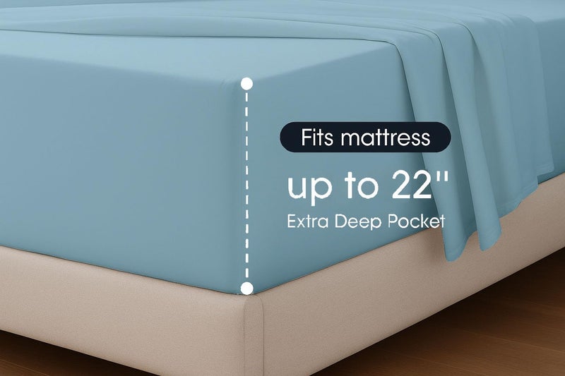 Cottingon Extra Deep Sheets-Cotton Bed Sheets - 100% Cotton - 22 Inch Extra deep Pocket Fitted Sheet with Elastic All Around (4 Pcs Sheet Set) - (Light Blue Solid - King Size) - Image 2