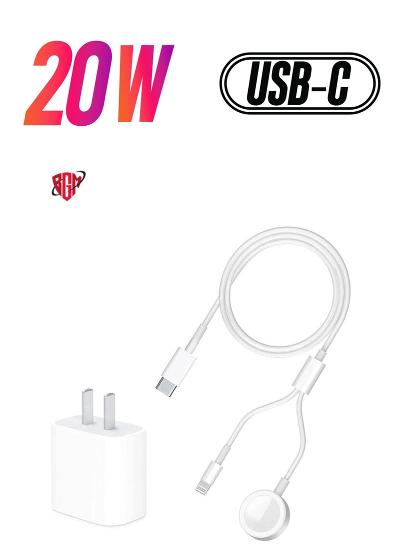 BGM - USB C Charger for Apple Watch, 20W PD Fast Wall Charger Power Adapter with 2-in-1 iWatch Magnetic Charging Cable Compatible with Apple Watch Series 8/7/6/SE/5/4/3/2, iPhone 14/13/12/11/Pro/Max/Xs/XR/8 - Image 1