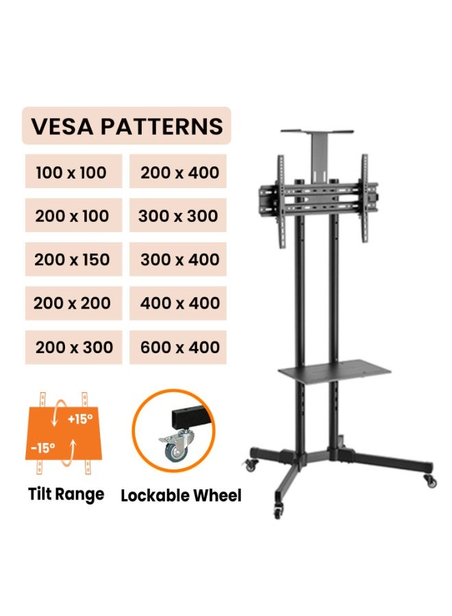 BEETEC Mobile TV Stand for 32"-65" TVs, Mobile TV Cart with Load Capacity up to 50 kg/110 lbs, Mobile Stand with VESA up to 600x400mm, +10° to -10° Tilt, Black | TF-T1500 - Image 3