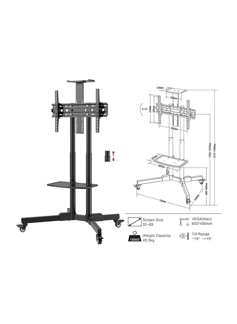 Mobile TV Stand for 32"-65" TVs, Mobile TV Cart with Load Capacity up to 50 kg/110 lbs, Mobile Stand with VESA up to 600x400mm, +10° to -10° Tilt, Black | TF-T1500 - pzsku/ZBAC0D80D7CF4426BB6E4Z/45/_/1740638288/62db3ed2-3da6-4b97-afa5-38f0086ea024