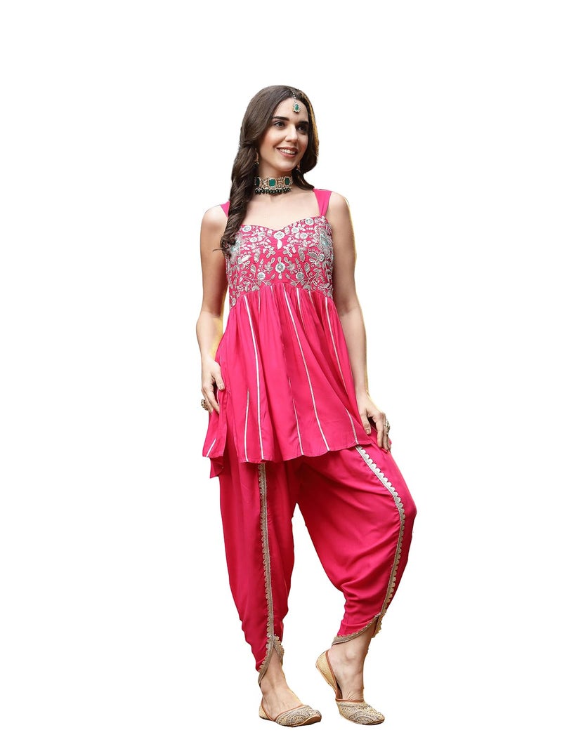 Stylum Women's Solid & Embroidered Rayon A-Line Kurti Dhoti Pant Set - Image 1