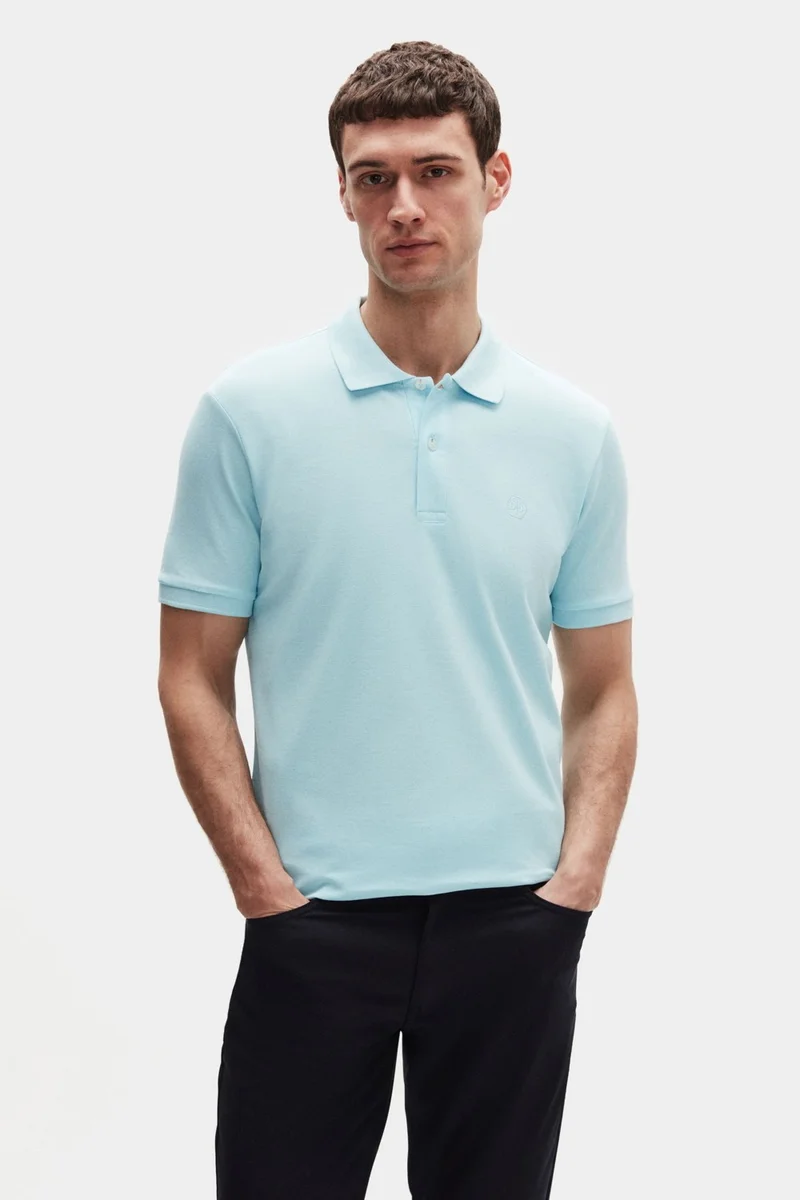 D'S DAMAT Regular Fit Light Turquoise Pique Textured Cotton Non-Curl Polo Collar Embroidered T-Shirt 4HC14ORT51000