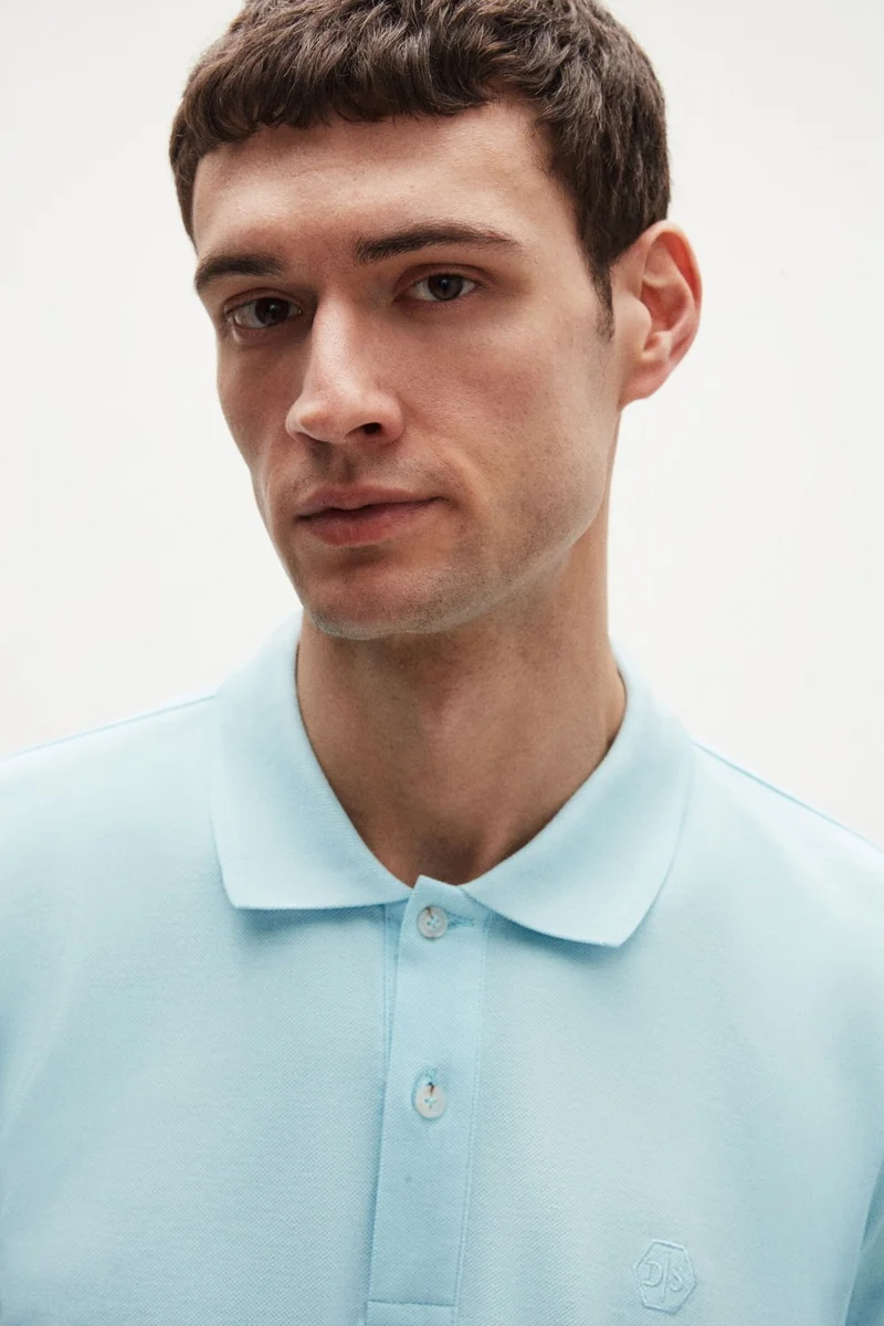 D'S DAMAT Regular Fit Light Turquoise Pique Textured Cotton Non-Curl Polo Collar Embroidered T-Shirt 4HC14ORT51000