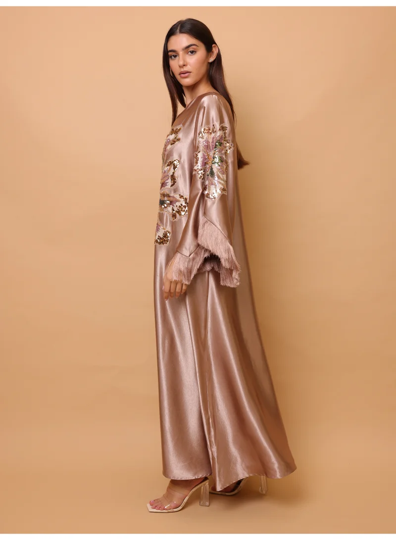 IKKXA Elegant Shimmer Fabric Big Flower Colorful Design Modern Sleeves IK1049 Brown