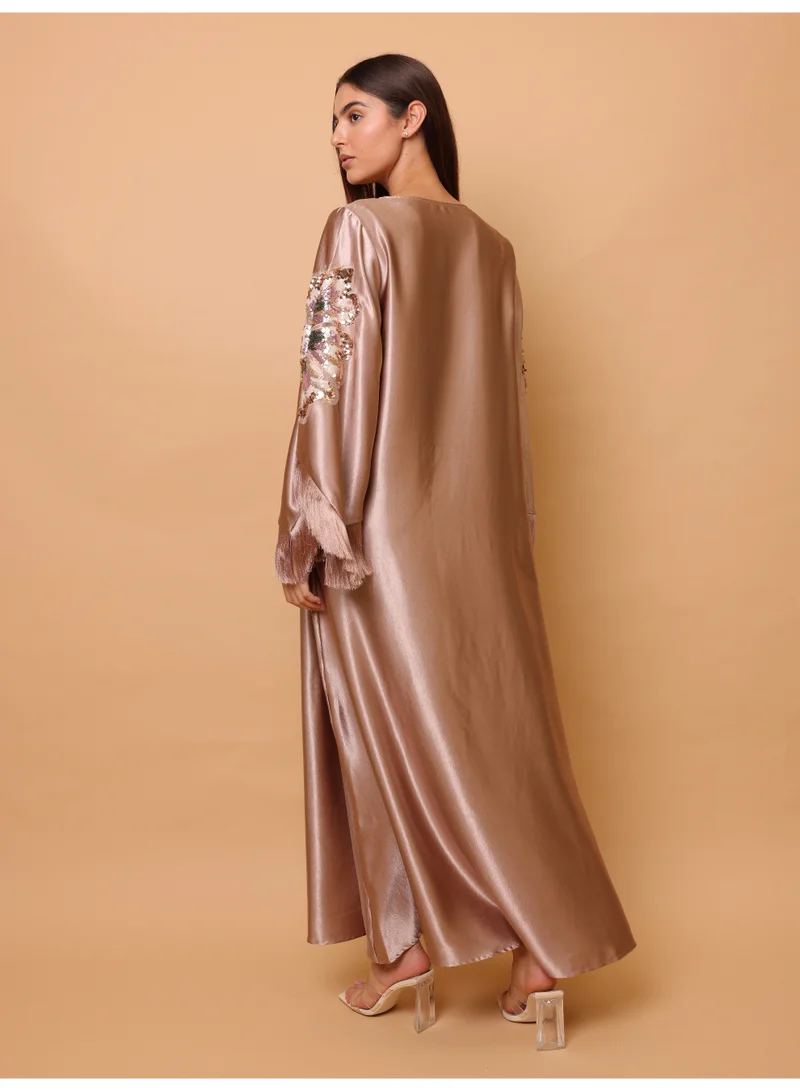 IKKXA Elegant Shimmer Fabric Big Flower Colorful Design Modern Sleeves IK1049 Brown