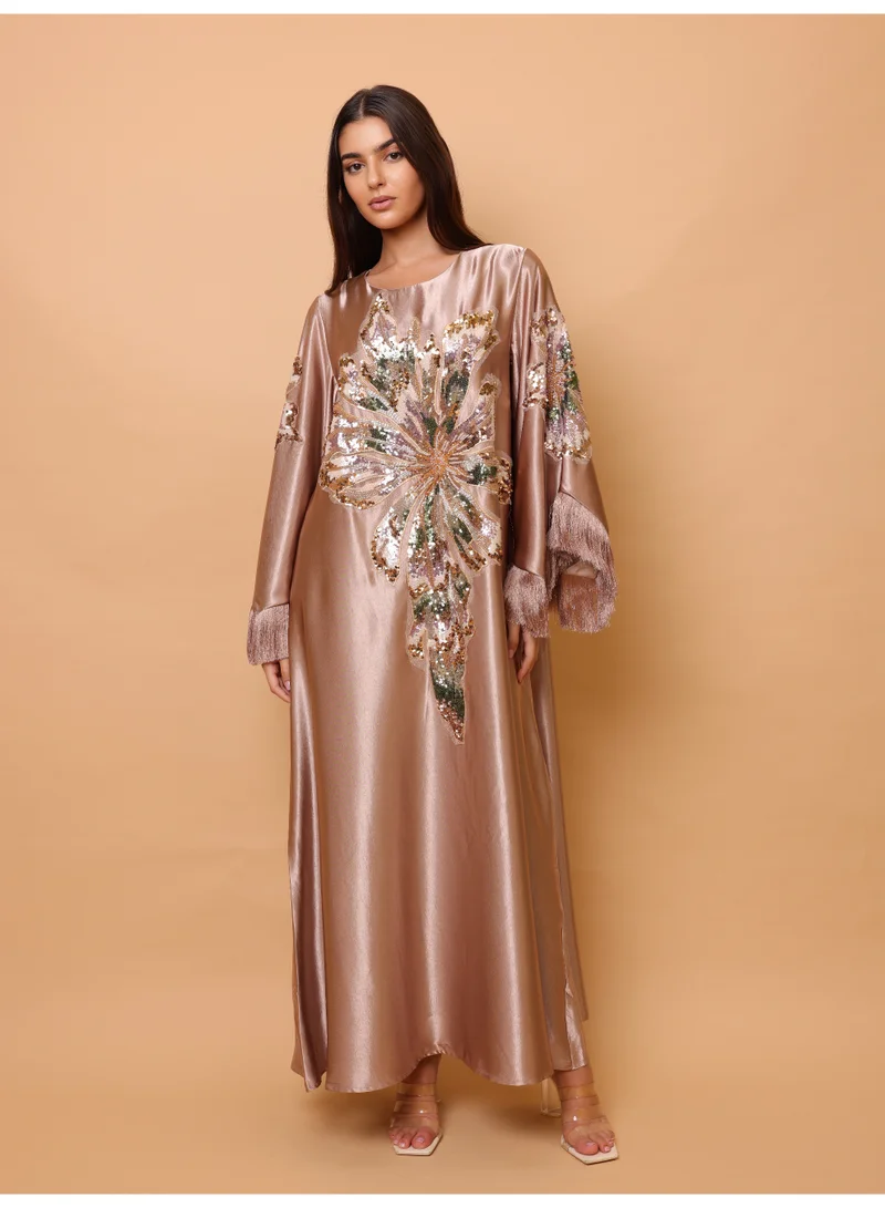 IKKXA Elegant Shimmer Fabric Big Flower Colorful Design Modern Sleeves IK1049 Brown