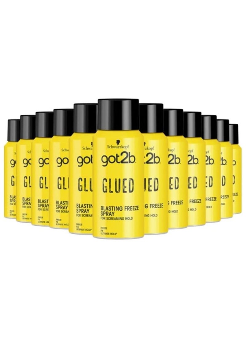 Got2b - Schwarzkopf got2b Glued Blasting Freeze Spray, Strong Hold Hairspray for Up to 72 Hours, Vegan, Silicone Free, 100ml pack of 12 - Image 1