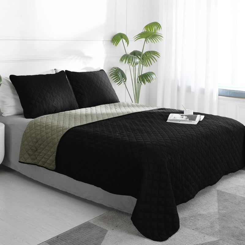Easy-Going EasyGoing FullQueen Size Reversible Quilt Set with 1 Quilt and 2 Pillow Shams Soft Bed Quilt Cover Water Resistant Lightweight Microfiber Bedspread Stain Resistant BlackBeige