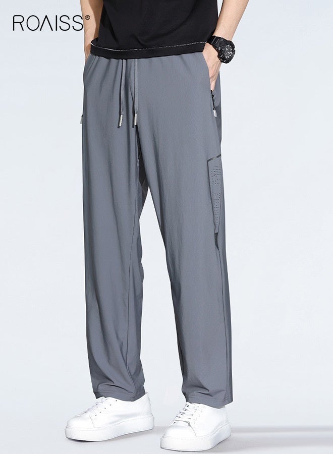 roaiss Straight Loose Joggers Pants Men Quick-Drying Pants for Men Ice Silk Casual Sports Pants Summer Thin High Elastic Trousers Track Pants Grey with Comfortable Ventilation Holes and Keychain - Image 1
