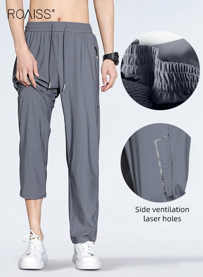 roaiss Straight Loose Joggers Pants Men Quick-Drying Pants for Men Ice Silk Casual Sports Pants Summer Thin High Elastic Trousers Track Pants Grey with Comfortable Ventilation Holes and Keychain - Image 2