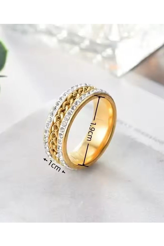 روماد خاتم من الفولاذ المقاوم للصدأ بسلسلة دوارة ومرصع بزركونيا مكعبة، مطلي بالذهب عيار 18، تصميم مميز يناسب الجنسين وخاص للخنصر. - Image 5