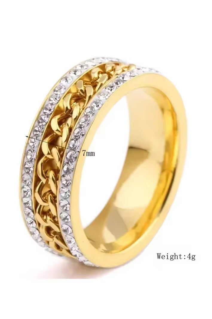 روماد خاتم من الفولاذ المقاوم للصدأ بسلسلة دوارة ومرصع بزركونيا مكعبة، مطلي بالذهب عيار 18، تصميم مميز يناسب الجنسين وخاص للخنصر. - Image 4