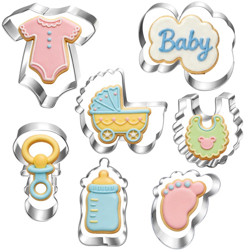 LUBTOSMN Baby Shower Cookie Cutter Set7 Piece Onesie Bib Rattle Bottle Carriage Foot and Word Biscuit Cookie Cutters Fondant Molds for Baby Shower Birthday Party