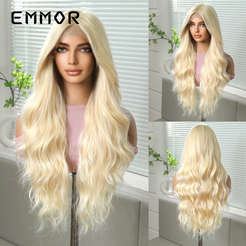 EMMOR Cross-Border 13*6 Large Area Front Lace Wig, Medium Part, Highlighted Golden Color, Fluffy Long Curly Hair - Image 1