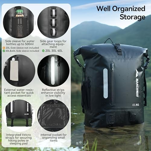 MARCHWAY Roll Top Waterproof Backpack Floating Dry Bag 20L30L45L with Ergonomic Rectangular Base Cushioned Back Hip Strap for Hiking Camping Kayaking Travel Black 45L - Image 3