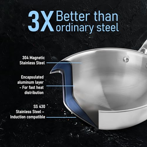 AGARO Stainless Steel Regency Triply Wok 26CM, 3.0L, 2.5mm Thick Body, Induction & Gas Compatible, Rivetted Handle, Silver - Image 3