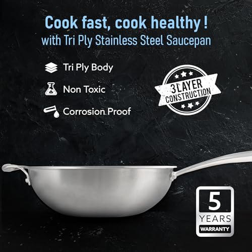 AGARO Stainless Steel Regency Triply Wok 26CM, 3.0L, 2.5mm Thick Body, Induction & Gas Compatible, Rivetted Handle, Silver - Image 2