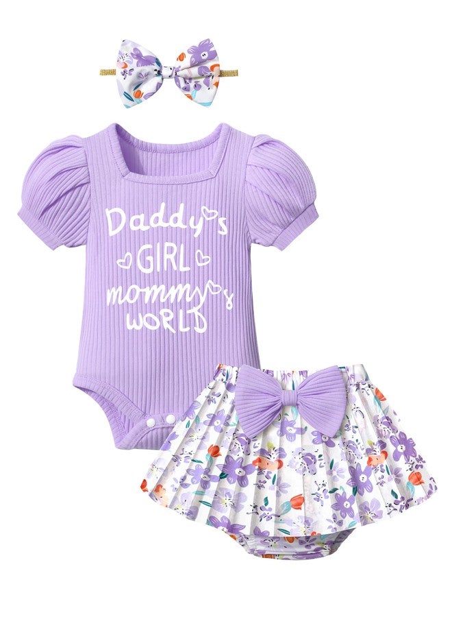 KANGKANG Baby Girl Outfits 6-9 Month Girl Clothes Summer Purple Short-sleeve Romper + Floral Pleated Skirts Shorts 3 Piece Set Baby Girl Clothes 6-9 Months - Image 1