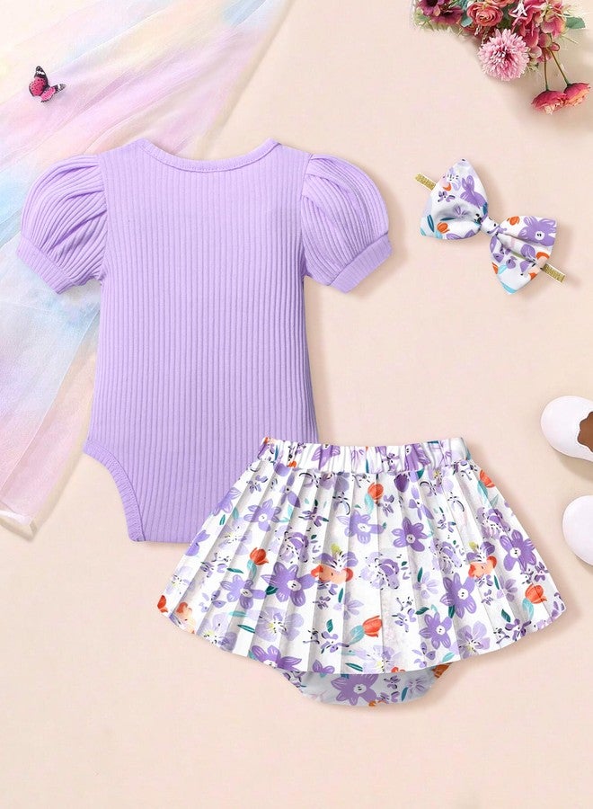 KANGKANG Baby Girl Outfits 6-9 Month Girl Clothes Summer Purple Short-sleeve Romper + Floral Pleated Skirts Shorts 3 Piece Set Baby Girl Clothes 6-9 Months - Image 5