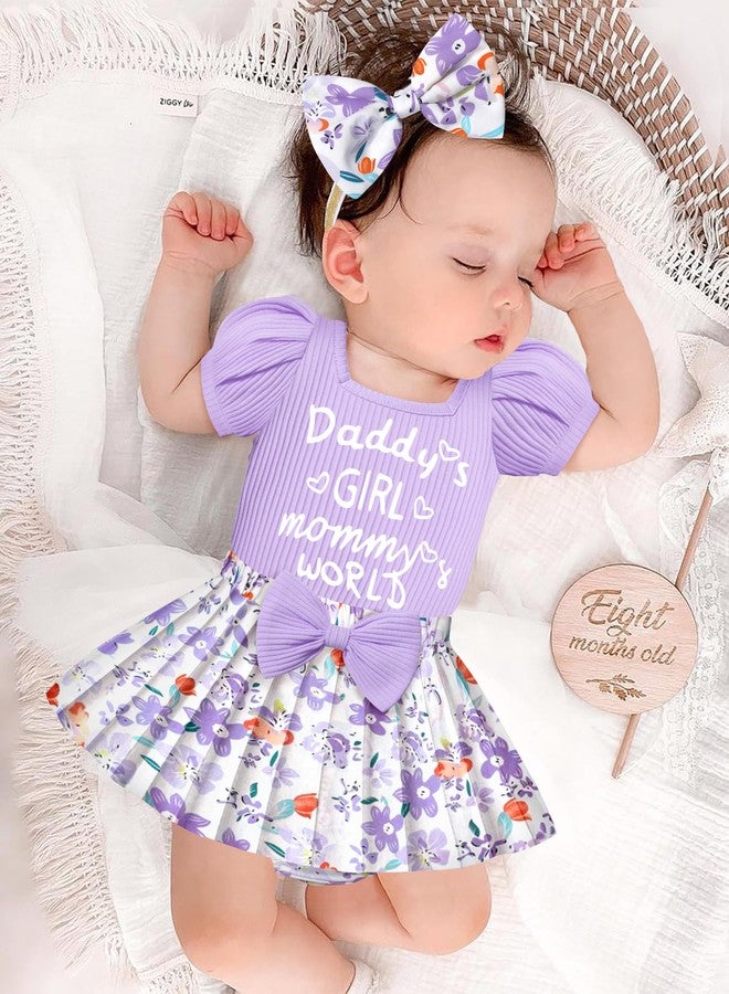 KANGKANG Baby Girl Outfits 6-9 Month Girl Clothes Summer Purple Short-sleeve Romper + Floral Pleated Skirts Shorts 3 Piece Set Baby Girl Clothes 6-9 Months - Image 2