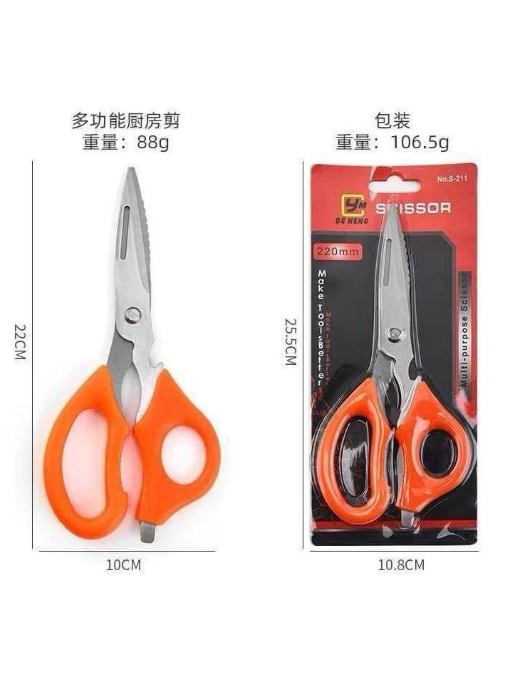 Multi Use Kitchen Scissors Chicken Bone Scissors Fish bone scissors, fish shell scraping and watermelon peeling with stainless steel bottle opener - Orange