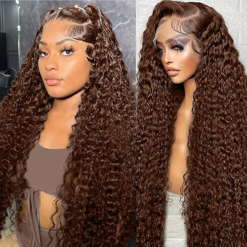 30 Inch Chocolate Brown Deep Wave Lace Front Wigs Human Hair 13x6 Hd Curly Lace Frontal Wigs for Black Women Pre Plucked Wet and Wavy Glueless 4 Brown Color