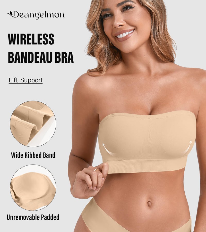 DEANGELMON Strapless Bras for Women Comfort Non-Slip Seamless Padded Bralette Clear Straps Wireless Tube Top Bra Nude Medium - Image 2