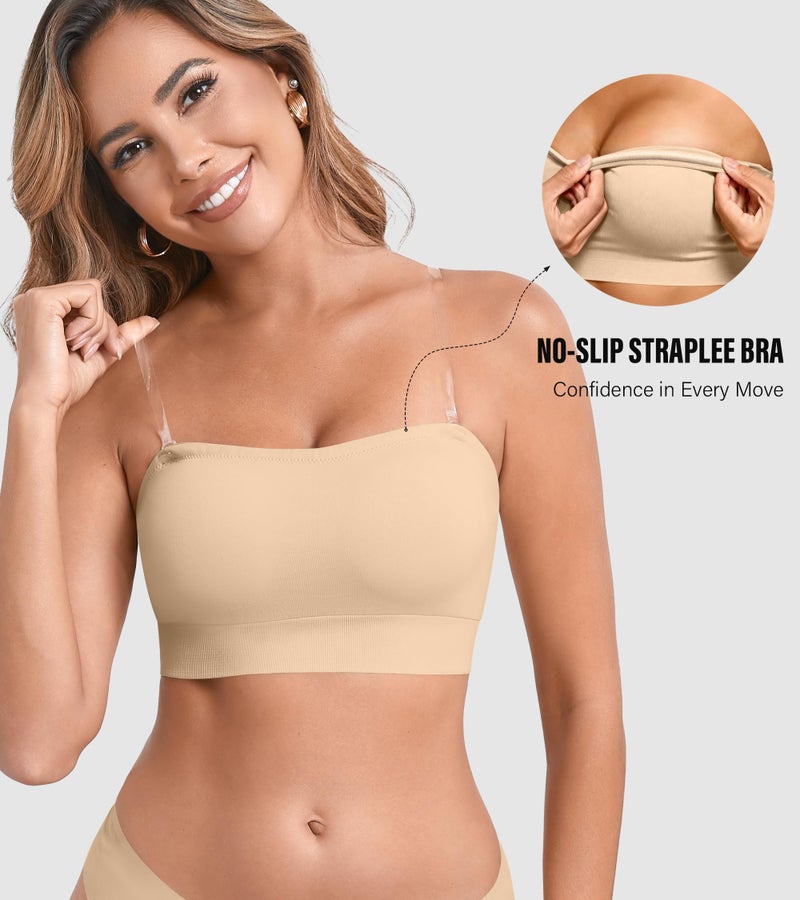 DEANGELMON Strapless Bras for Women Comfort Non-Slip Seamless Padded Bralette Clear Straps Wireless Tube Top Bra Nude Medium - Image 3