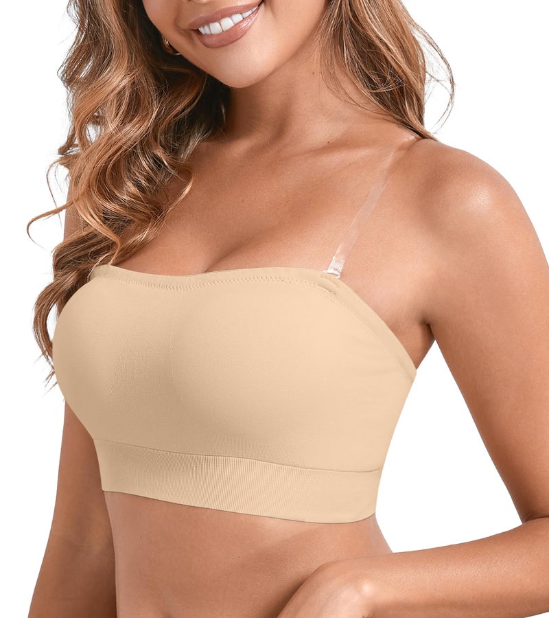 DEANGELMON Strapless Bras for Women Comfort Non-Slip Seamless Padded Bralette Clear Straps Wireless Tube Top Bra Nude Medium - Image 1