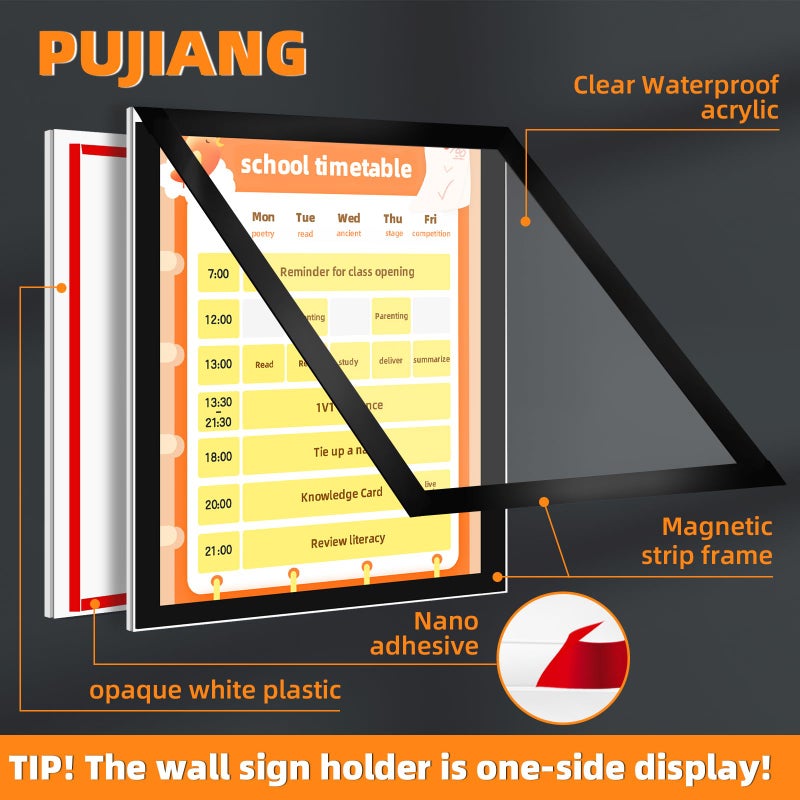 PUJIANG 3 Pack 8.5x11 Acrylic Sign Holder Wall Mount with Framed Border, Peel & Stick Adhesive & 180Â° Flip Design - Single-Sided Clear Plastic Display for Menu, Poster, Flyer (Horizontal/Vertical) - Office, Home, Restaurant - Image 2