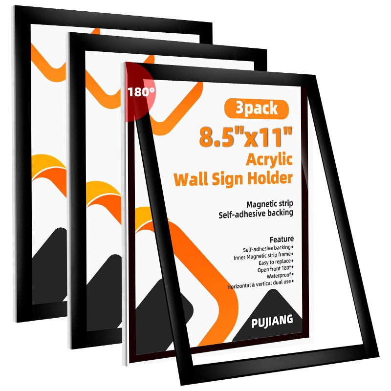 PUJIANG 3 Pack 8.5x11 Acrylic Sign Holder Wall Mount with Framed Border, Peel & Stick Adhesive & 180Â° Flip Design - Single-Sided Clear Plastic Display for Menu, Poster, Flyer (Horizontal/Vertical) - Office, Home, Restaurant - Image 1