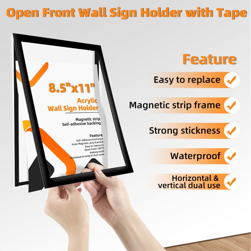 PUJIANG 3 Pack 8.5x11 Acrylic Sign Holder Wall Mount with Framed Border, Peel & Stick Adhesive & 180Â° Flip Design - Single-Sided Clear Plastic Display for Menu, Poster, Flyer (Horizontal/Vertical) - Office, Home, Restaurant - Image 3