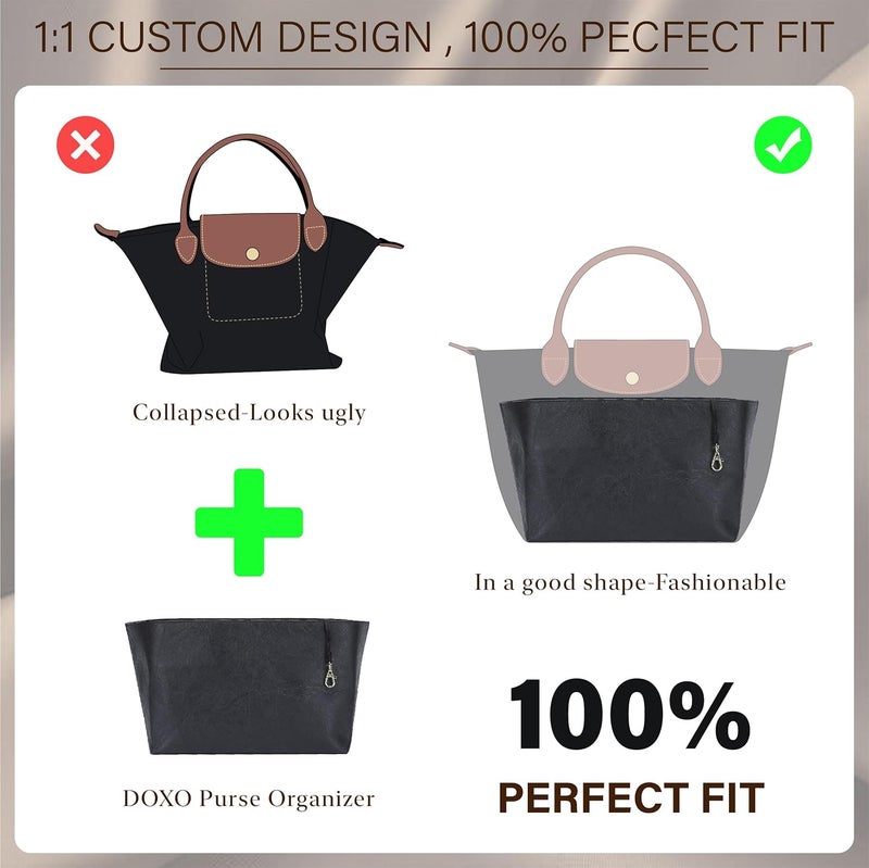 Doxo Purse Organizer Insert for Longchamp Le Pliage Large, 6-Compartment Bag Organizer with YKK Zipper Pocket, Cup Holder, Key Chain, Waterproof DupontPaper Lightweight Handbag Shaper (Black,L) - Image 3