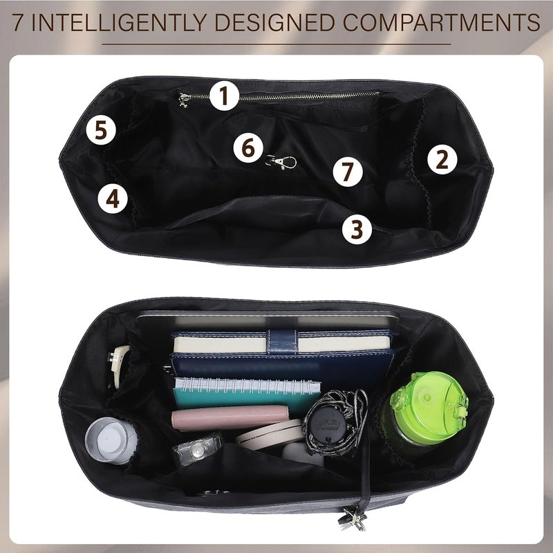 Doxo Purse Organizer Insert for Longchamp Le Pliage Large, 6-Compartment Bag Organizer with YKK Zipper Pocket, Cup Holder, Key Chain, Waterproof DupontPaper Lightweight Handbag Shaper (Black,L) - Image 4